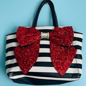 Betsy Johnson sequin bow studded
handle striped tote purse bag faux leather